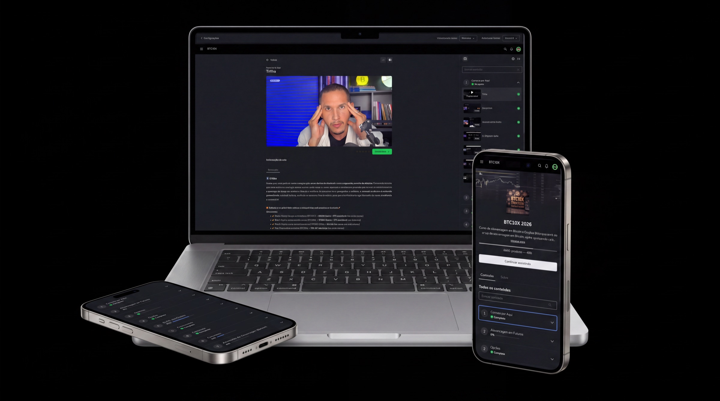 Área de membros do BTC10X 2026 — desktop, mobile e módulos
